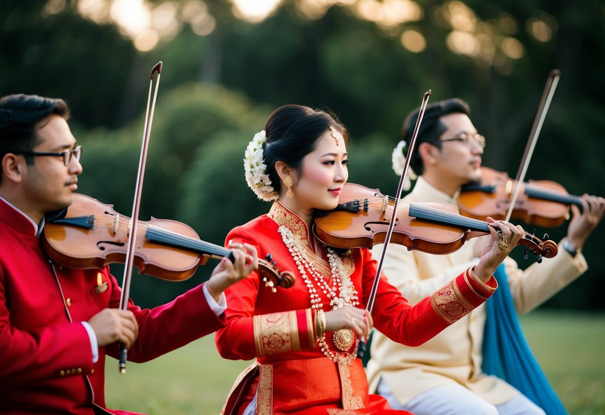 A group of musicians playing traditional wedding music on string instruments and wind instruments