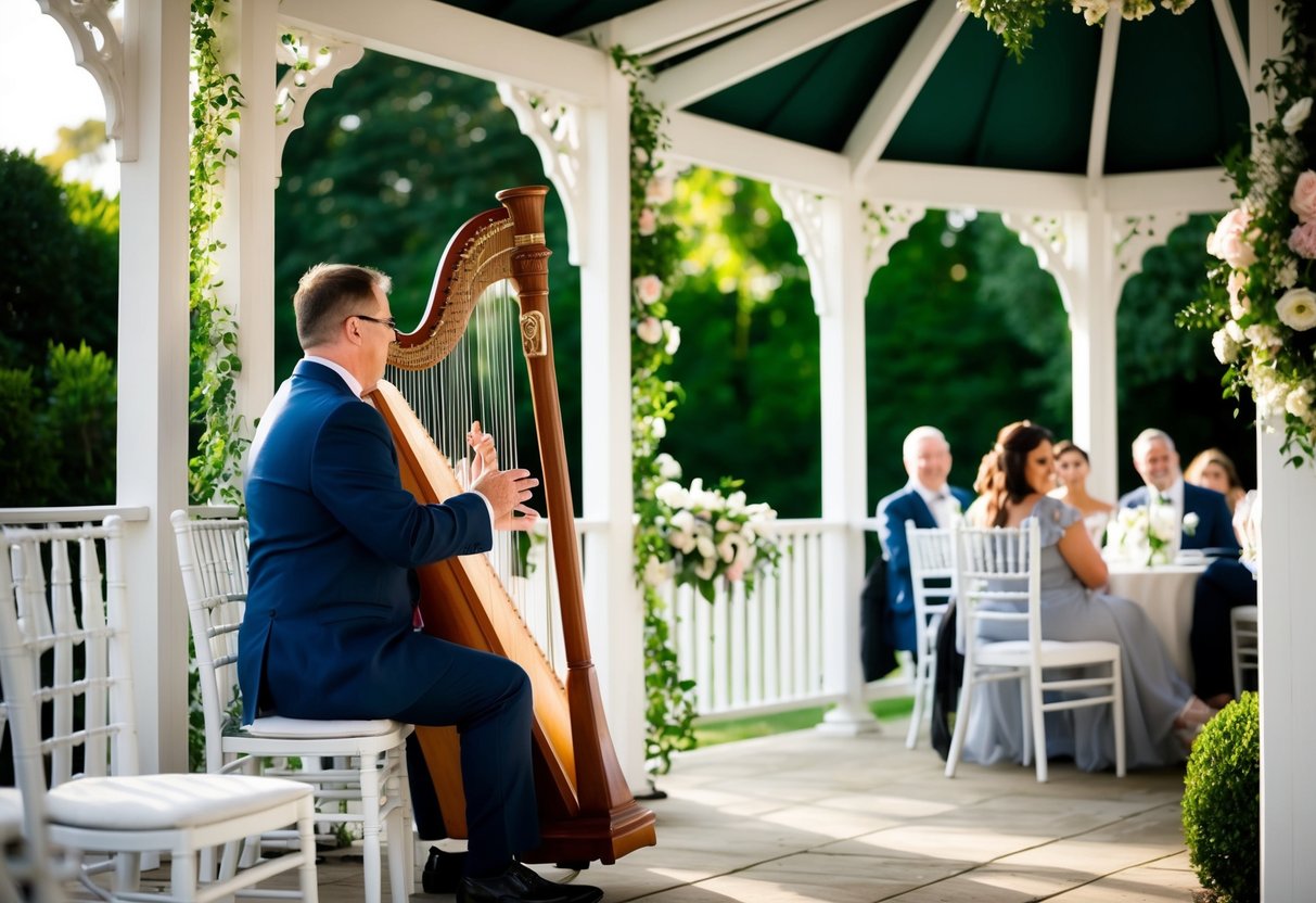 A harpist plays traditional wedding music in a sunlit garden gazebo. Flowers adorn the area, and guests are seated in white chairs