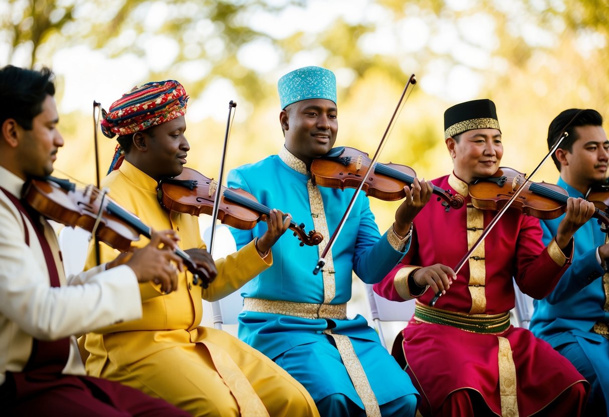 A group of musicians playing traditional wedding music from different cultures, each with their unique instruments and attire