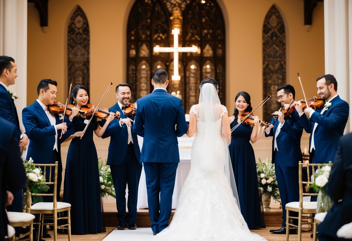 A bride and groom stand at the altar, surrounded by a string quartet playing traditional wedding music