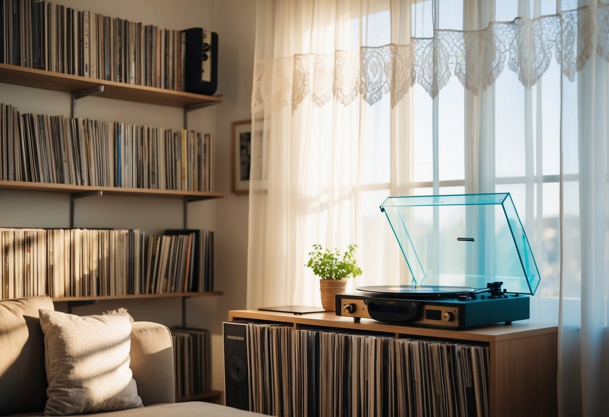 A cozy living room with a record player and shelves of vinyl records, soft sunlight streaming in through lace curtains