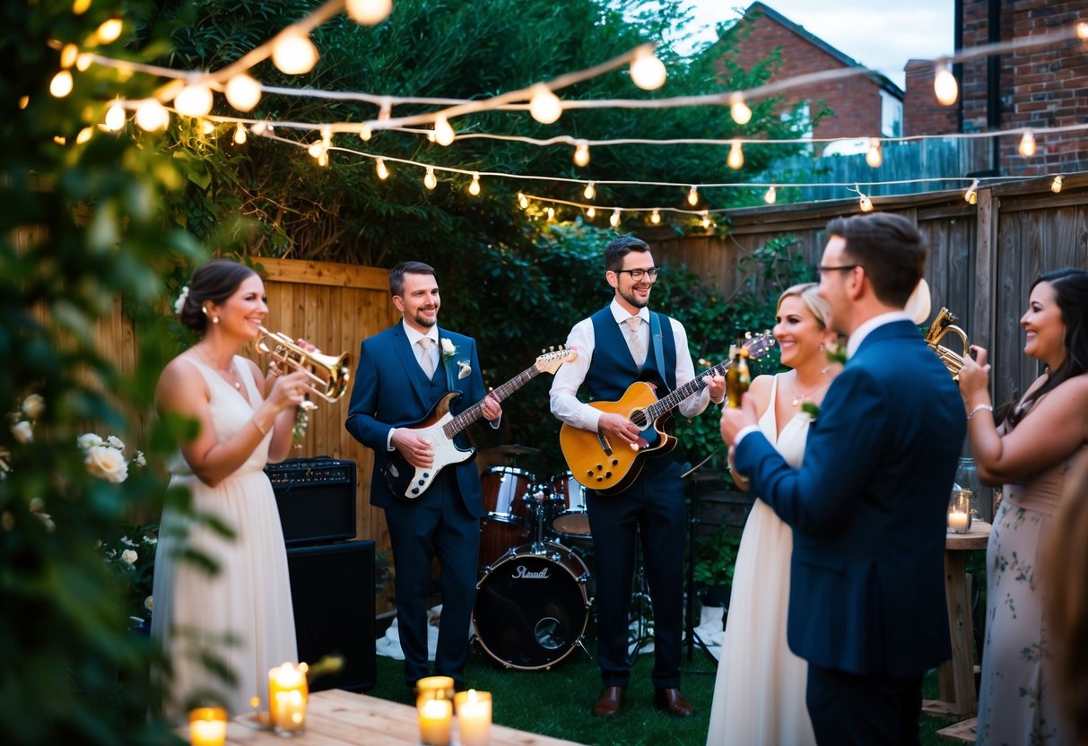 A small wedding reception with a live band playing in a cozy backyard garden. Fairy lights and candles create a warm and romantic atmosphere