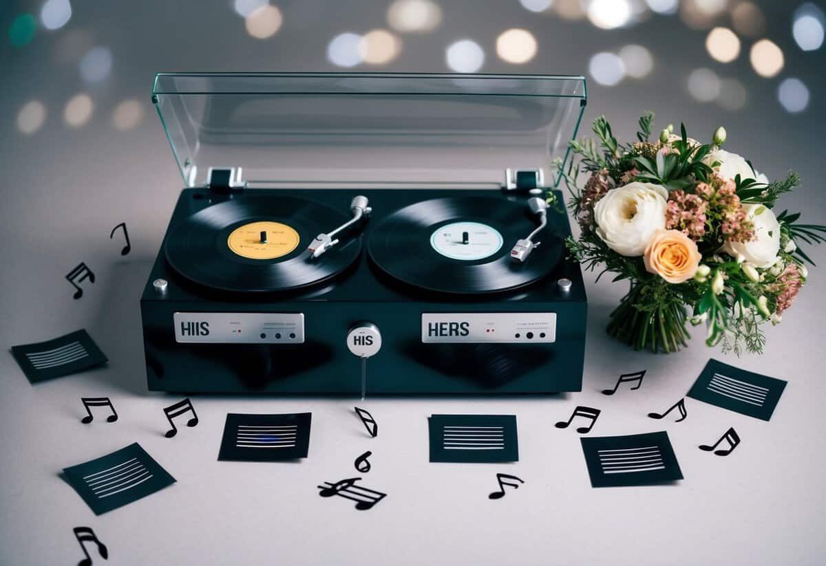A record player with two vinyls, one labeled "his" and the other "hers," surrounded by scattered music notes and a bouquet of flowers