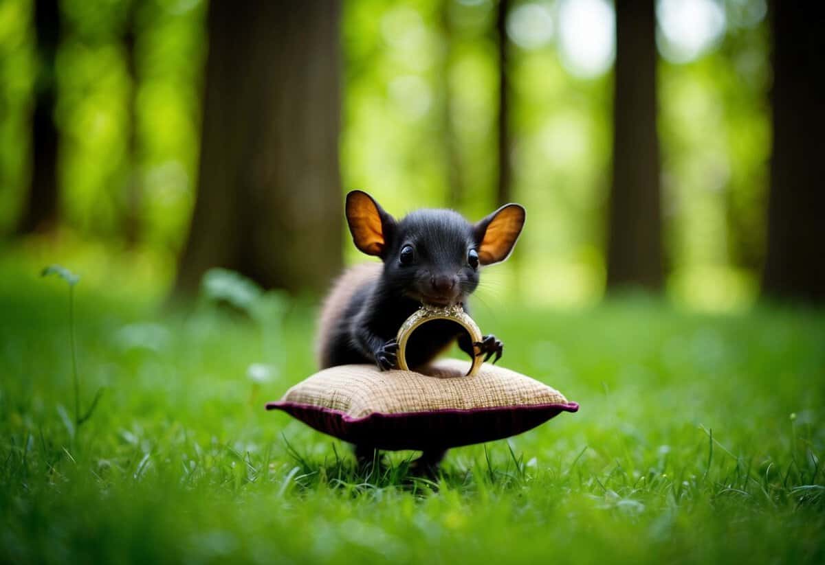 A small creature carries a decorative ring on a cushion through a lush forest clearing