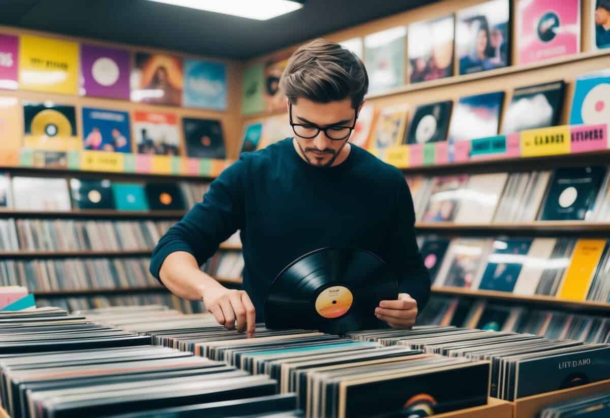 A person browsing through vinyl records in a music store, surrounded by colorful album covers and genre sections