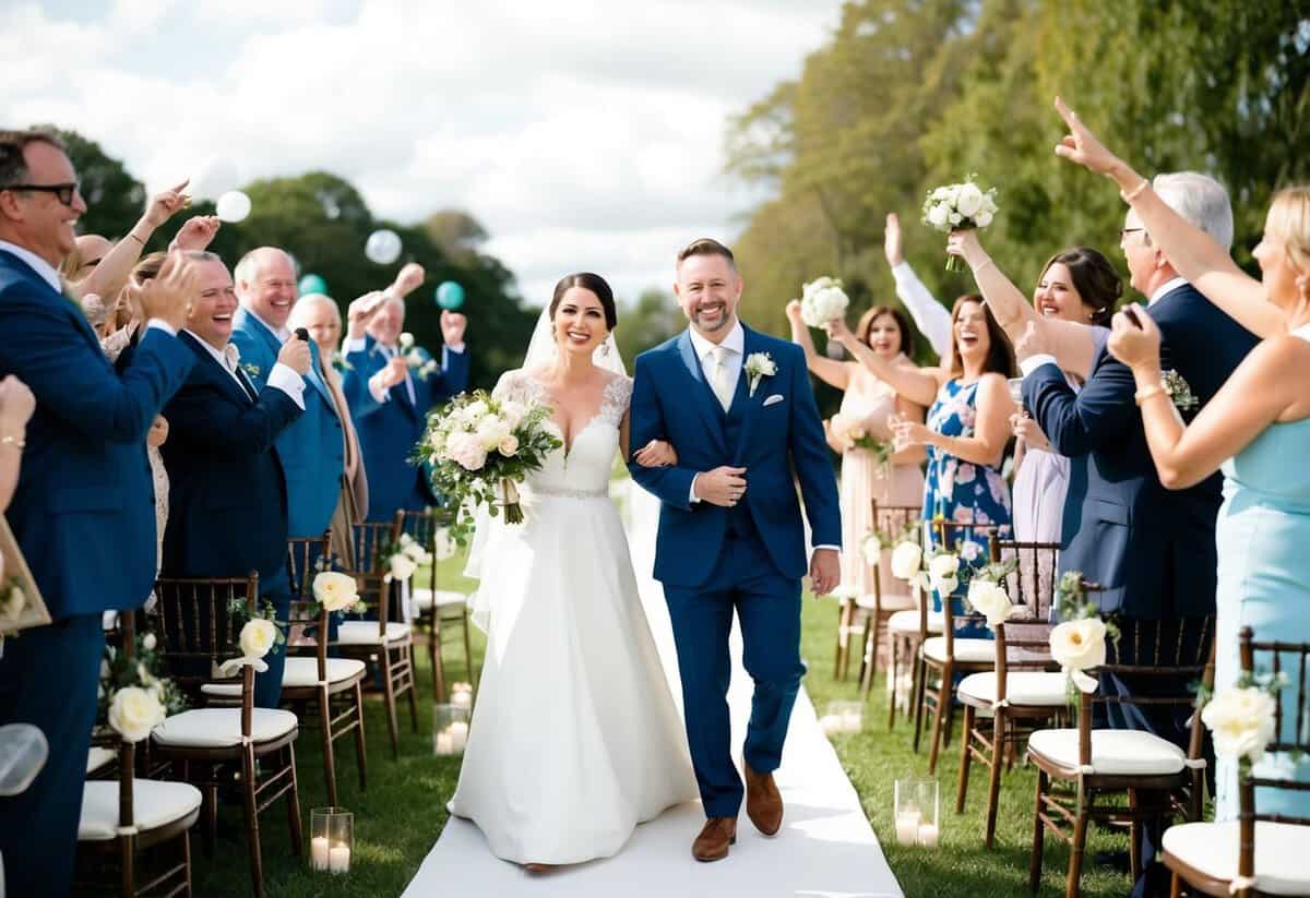 A couple walks down the aisle, surrounded by cheering guests, as a joyous and celebratory song fills the air