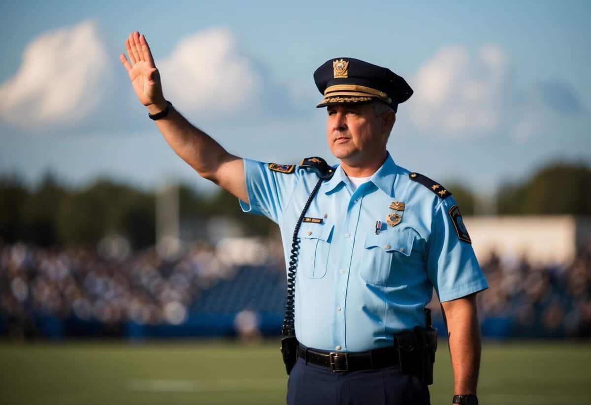 An official signals a call with a raised arm
