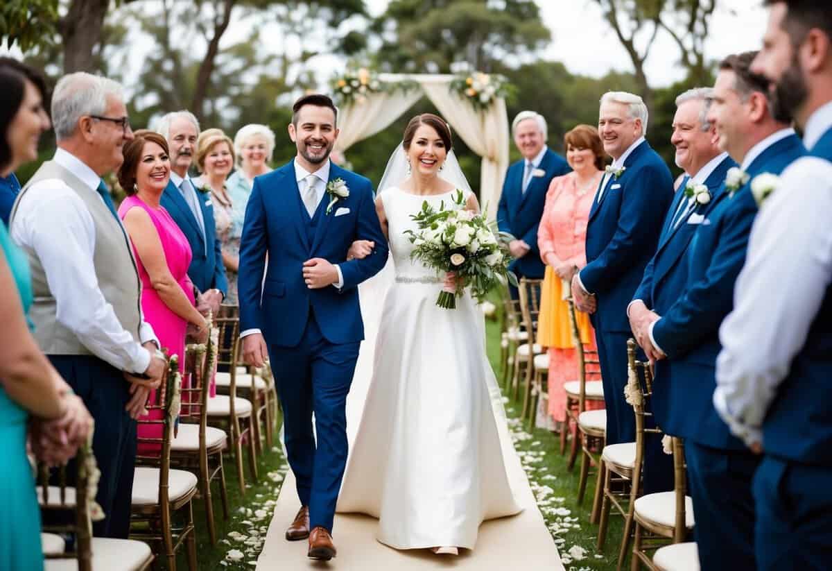A couple walks down the aisle, surrounded by friends and family, as a joyful and uplifting song fills the air