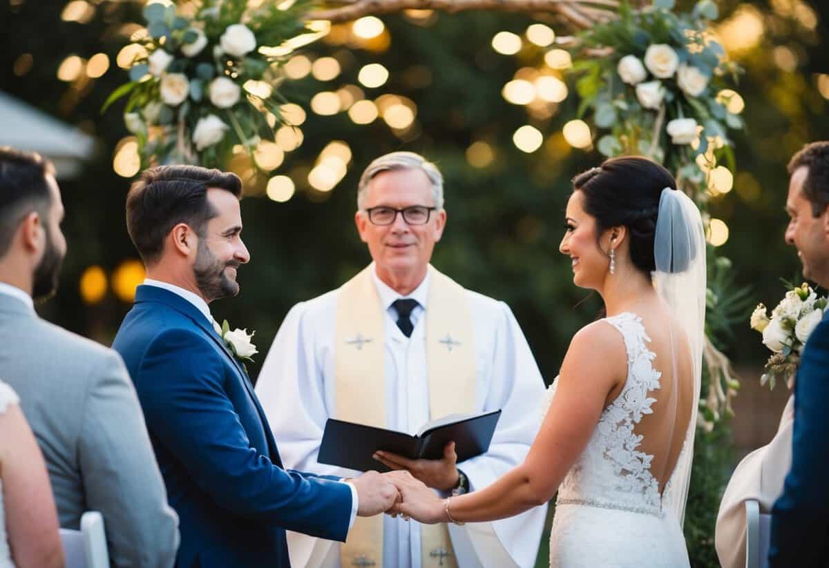 An officiant stands at the center of a wedding ceremony, leading the couple through their vows and guiding the proceedings with authority and grace