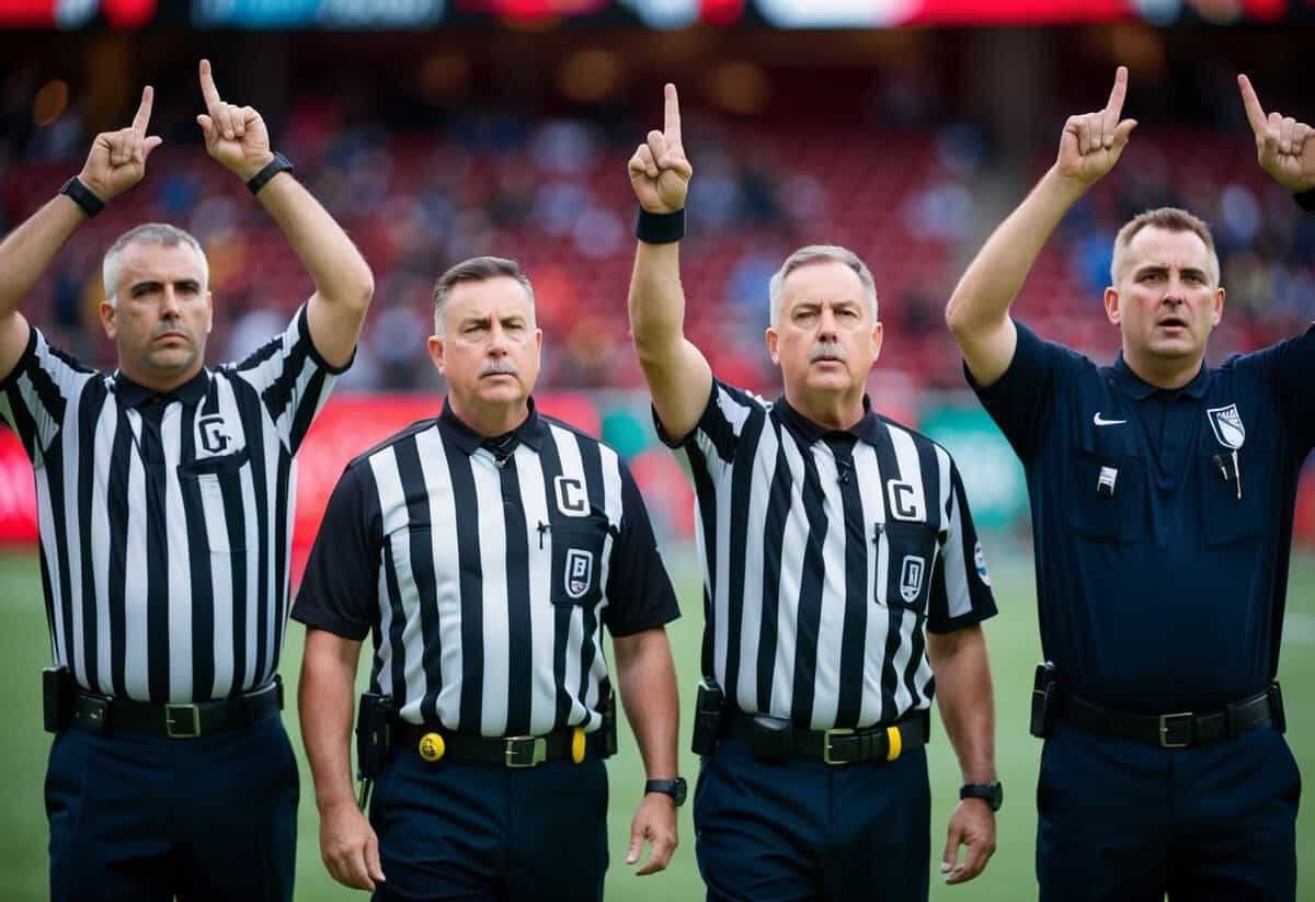 Four officials in different positions signaling fouls and violations