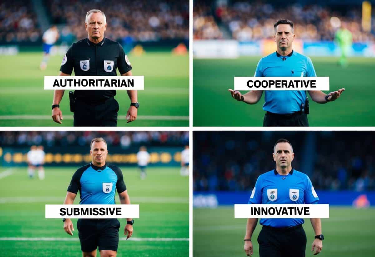 Four styles of officiating: authoritarian, cooperative, submissive, and innovative. An illustration could show different referees exhibiting each style on a sports field