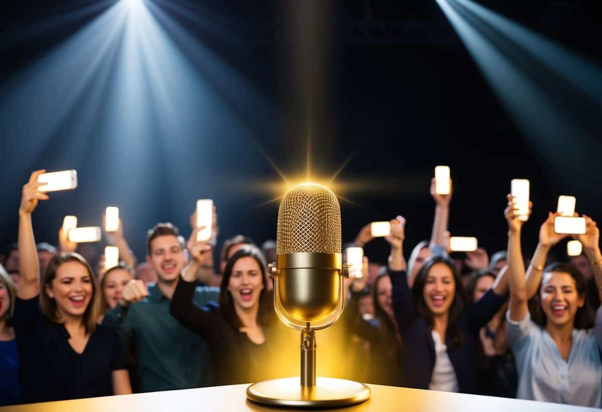 A stage with a spotlight shining on a golden microphone, surrounded by cheering audience members holding up glowing cell phones