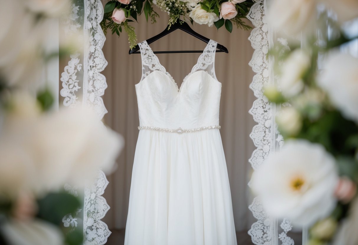 A white wedding dress hangs on a hanger, surrounded by delicate lace and floral details