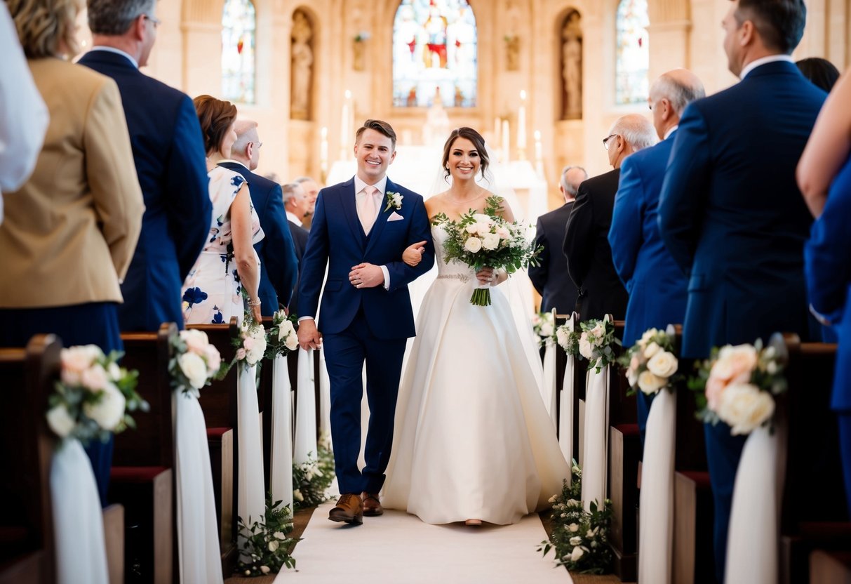 A bride walking down the aisle with a groom at the altar
