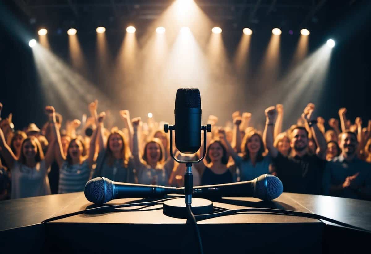 A stage with a spotlight on a microphone surrounded by musical instruments and a crowd of cheering audience members