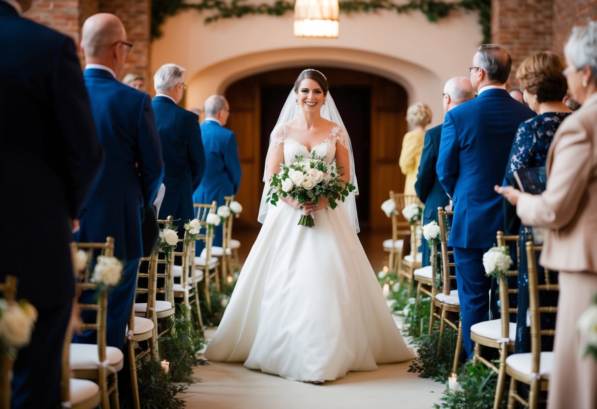 A bride walking down the aisle while a traditional wedding song plays in the background