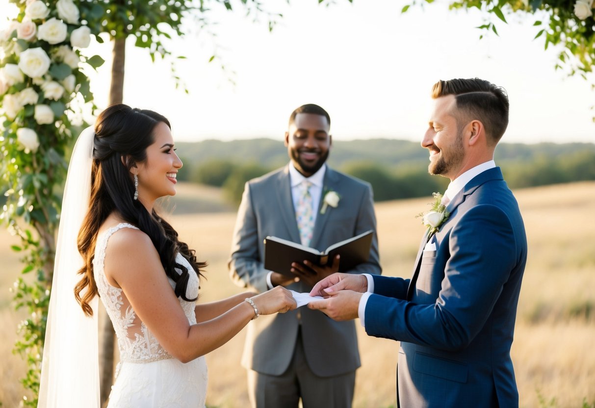 A wedding ceremony in a scenic outdoor location in Texas, with a friend officiating and the couple exchanging vows