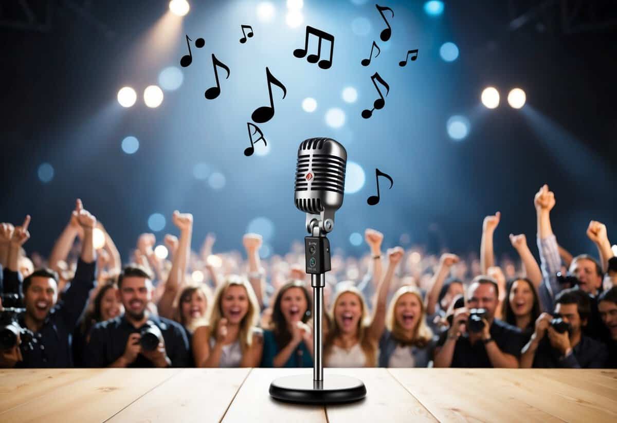 A stage with a microphone and musical notes floating in the air, surrounded by cheering crowds and flashing cameras