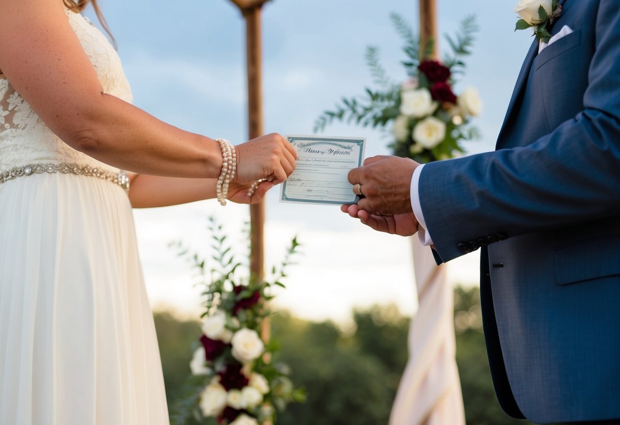 A person holding a marriage license and standing at an outdoor wedding altar in Texas