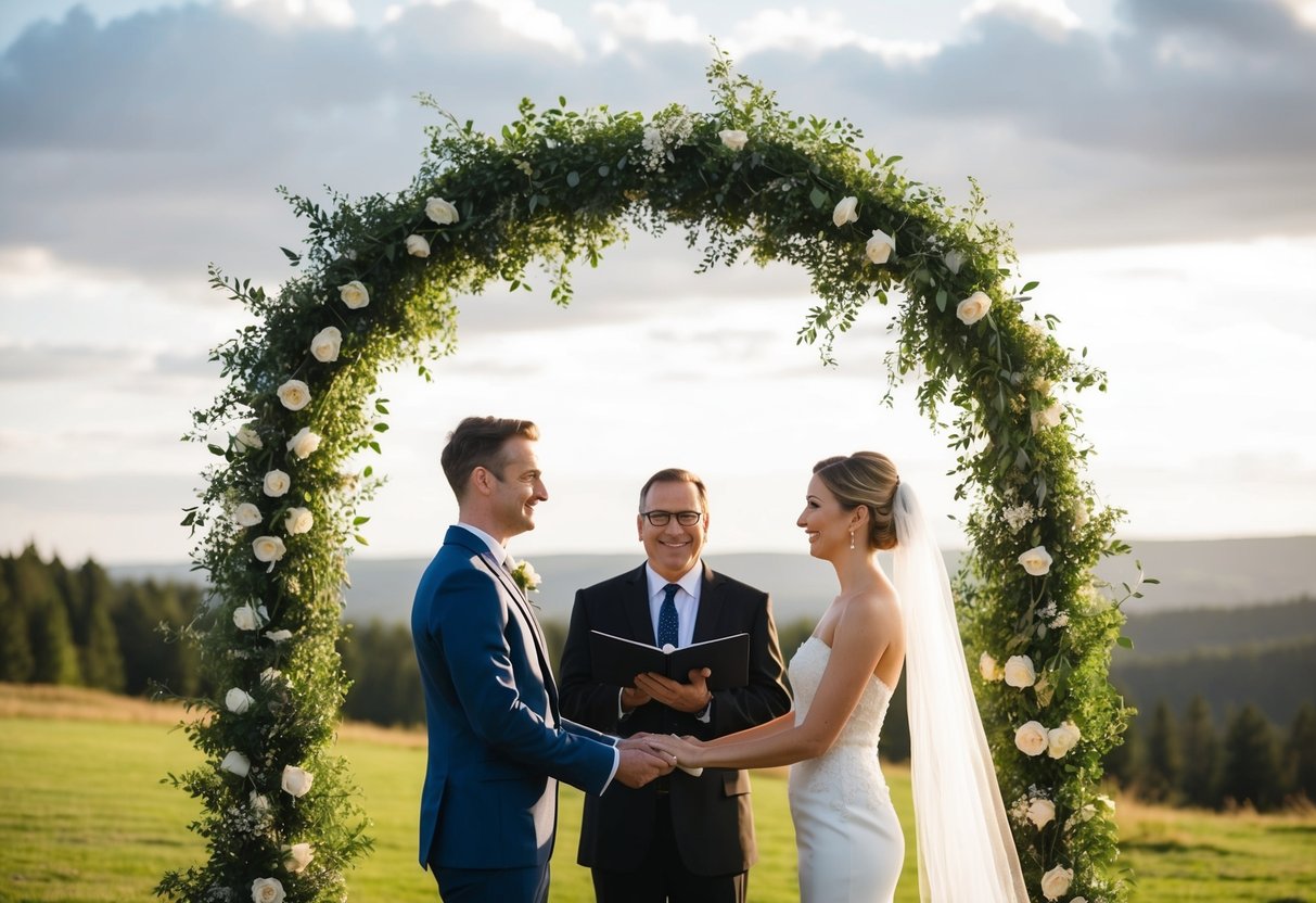A couple and a friend stand before a wedding arch in a scenic outdoor setting, with the friend officiating the ceremony