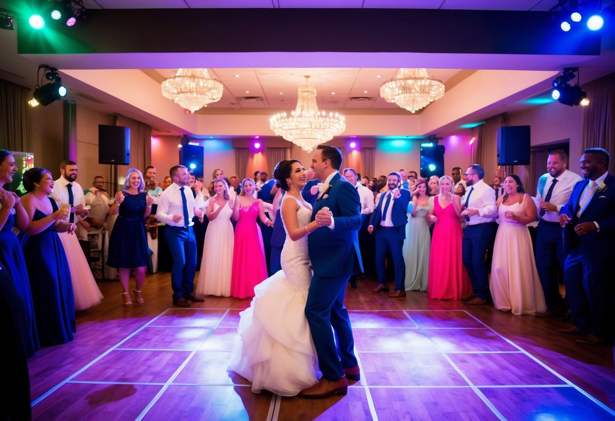 A festive wedding scene with a dance floor surrounded by joyful guests, a live band playing, and colorful lights illuminating the celebration