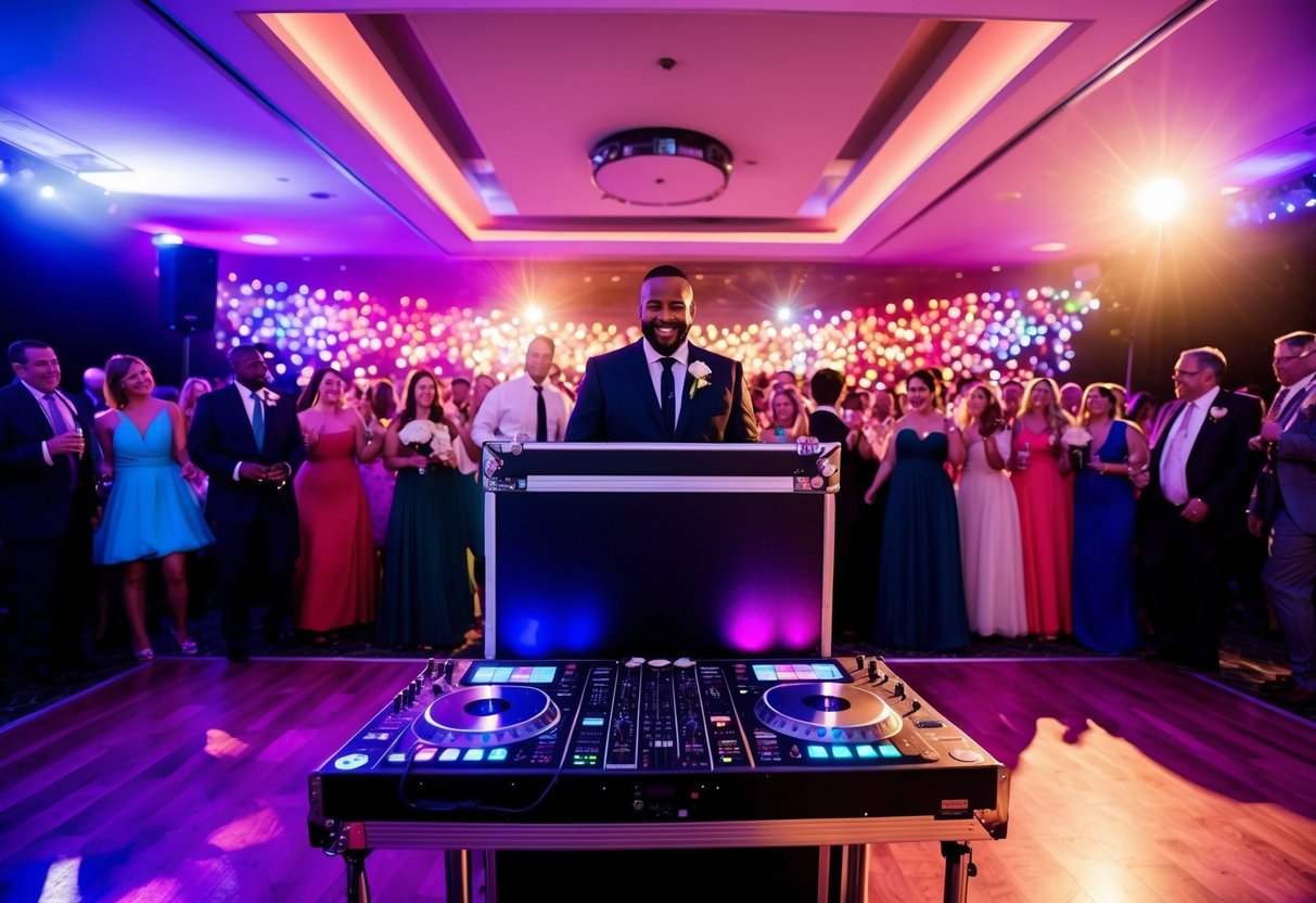 A DJ booth with colorful lights and a dance floor filled with happy wedding guests