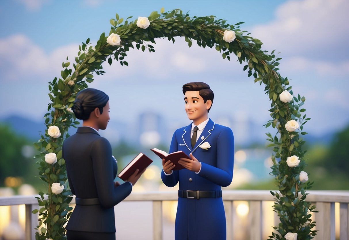 A sim standing at a wedding arch, facing a non-playable character officiant with a book, ready to perform the ceremony