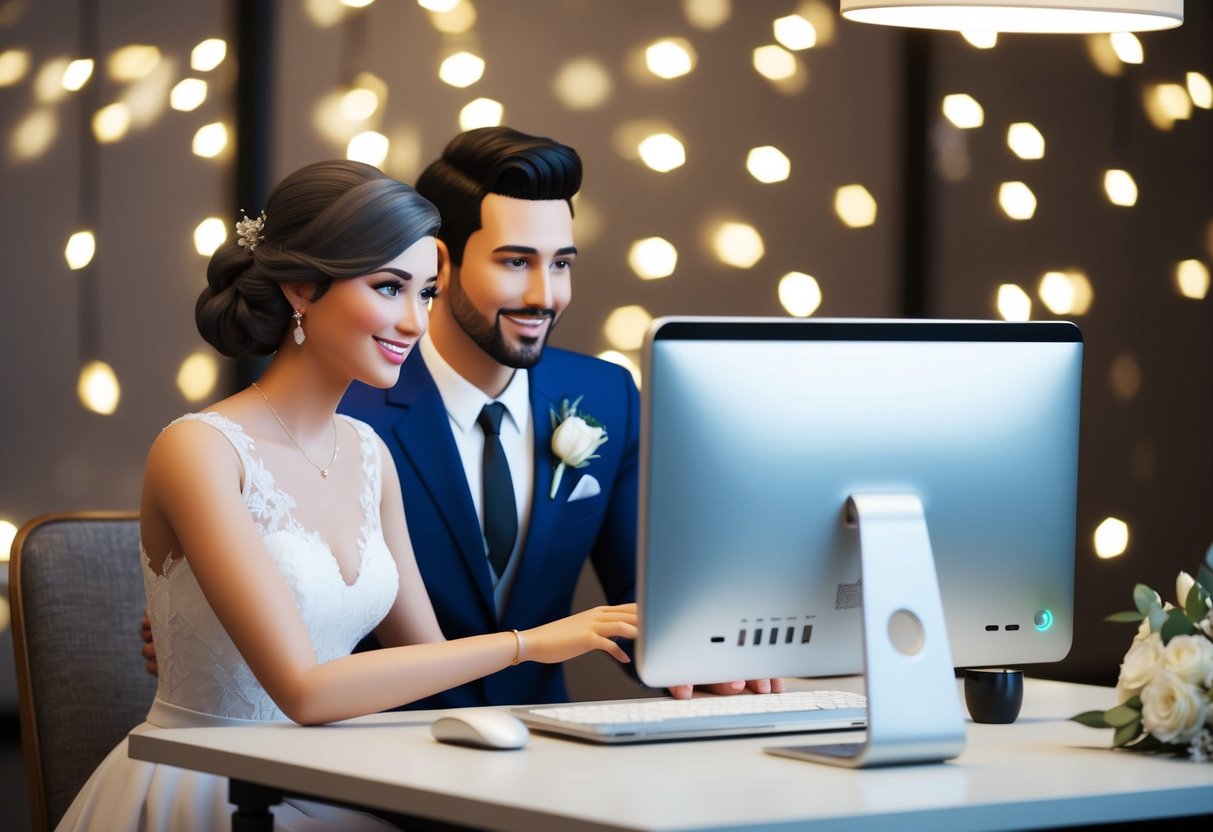 A couple sits at a desk with a computer, searching for an officiant on the Sims 4 wedding planning interface