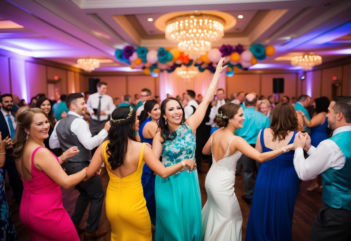 A lively wedding reception with colorful decorations and people dancing to upbeat music
