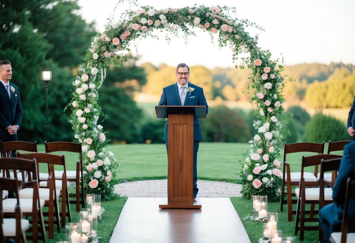 A wedding arch with flowers and decorative elements, surrounded by chairs and a podium for the officiant in a beautiful outdoor setting