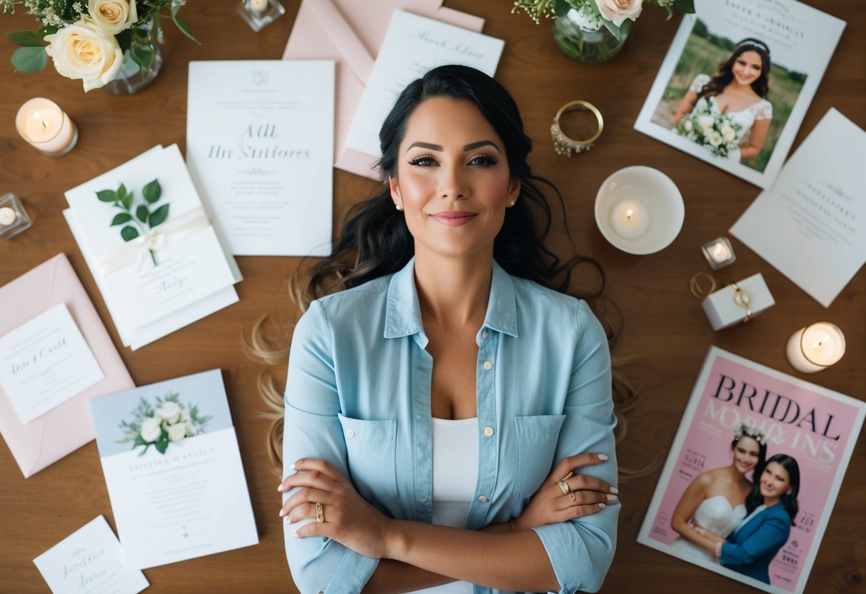 A single woman surrounded by wedding invitations and bridal magazines, looking content and independent