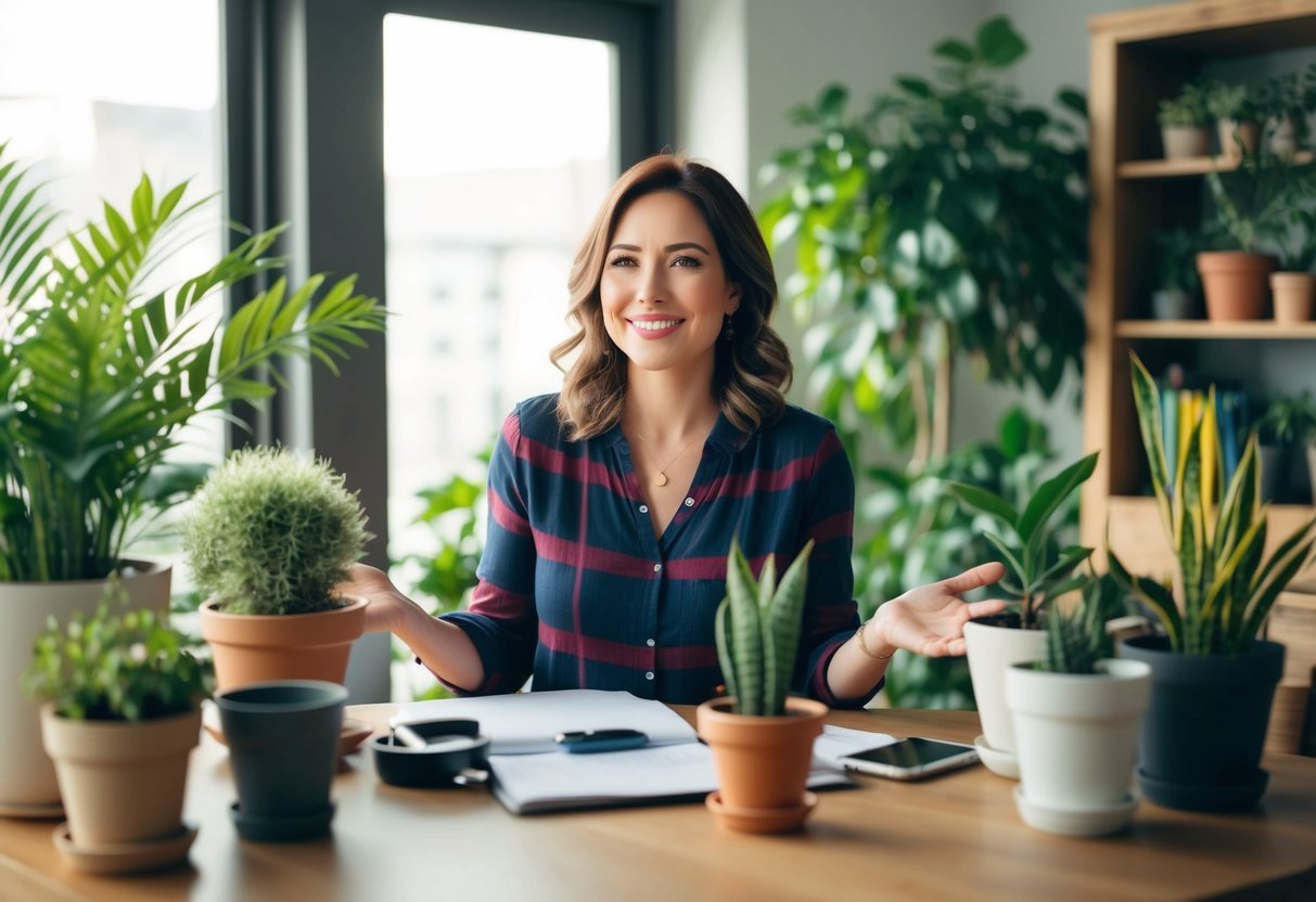 A woman surrounded by flourishing plants, fulfilling hobbies, and cherished friendships, radiating contentment and independence