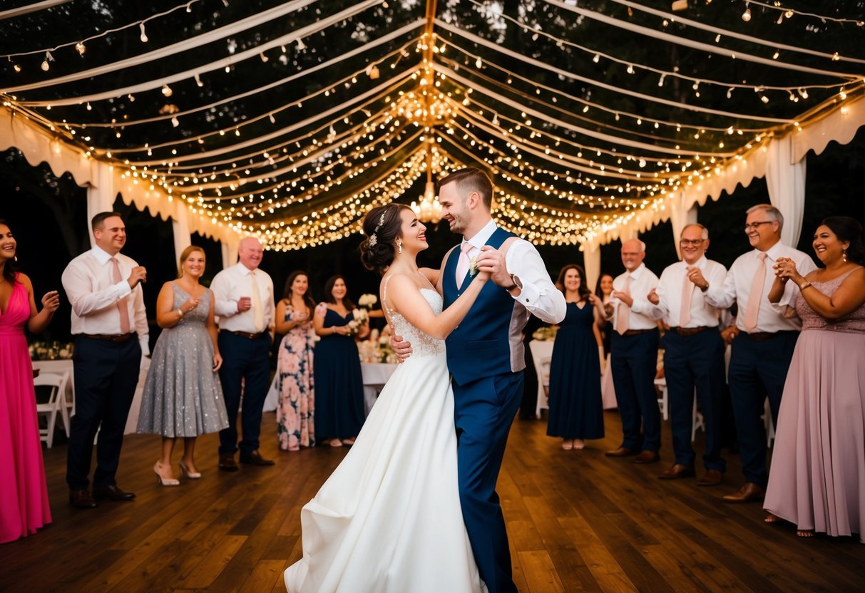 A bride and groom dancing under a canopy of twinkling lights, surrounded by friends and family swaying to the music