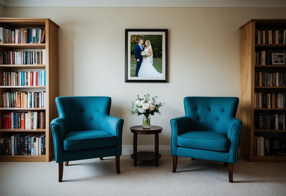 A cozy living room with two empty chairs facing each other, a bookshelf filled with novels, and a framed wedding photo on the wall