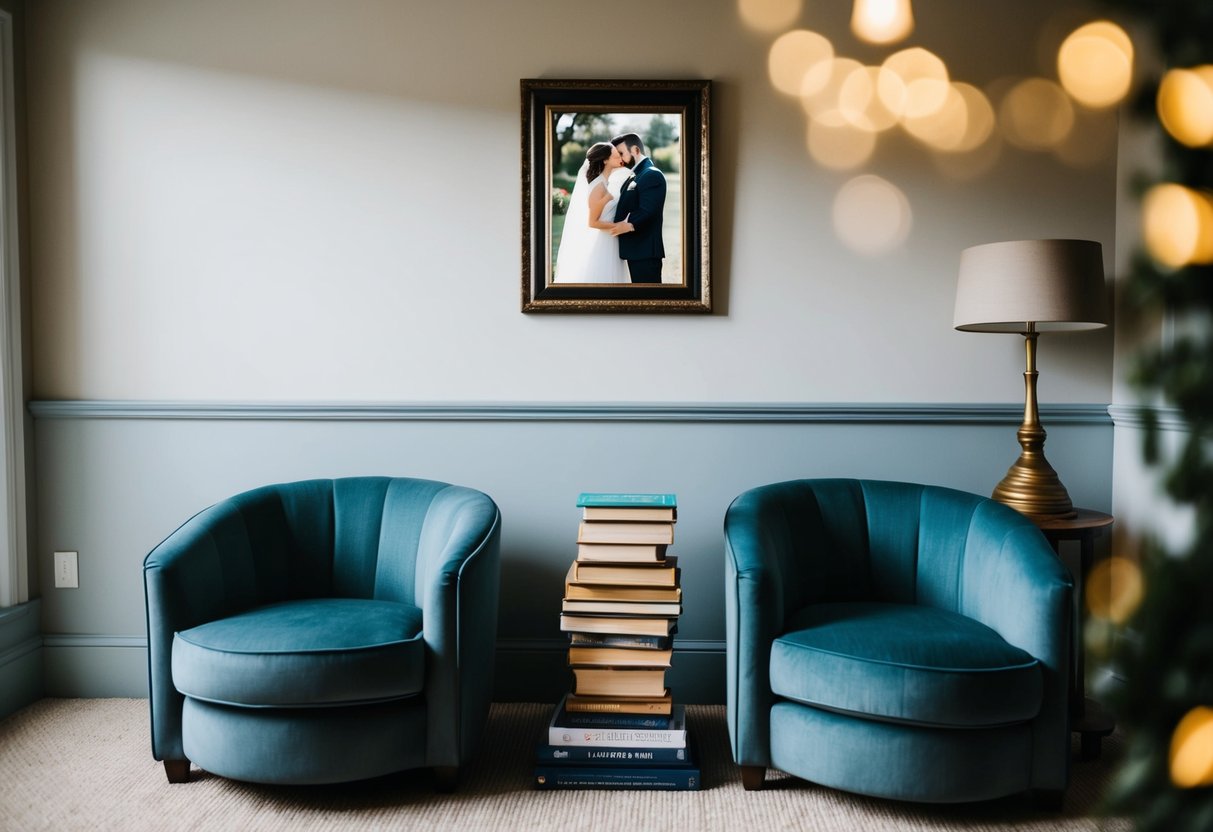 A cozy living room with two armchairs facing each other, a stack of books on a side table, and a framed wedding photo on the wall