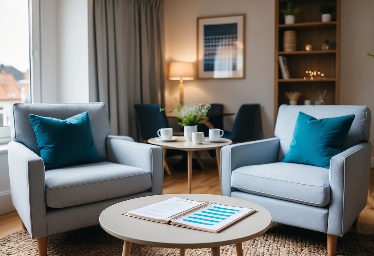 A cozy living room with two armchairs facing each other, a small dining table set for two, and a shared budget planner on the coffee table