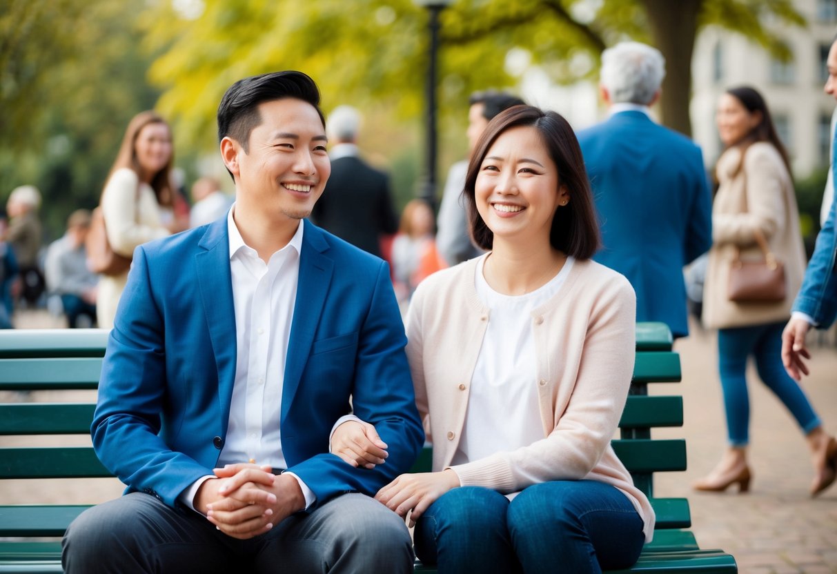 A married couple sitting on a park bench, smiling and holding hands. People passing by look at them with admiration and warmth