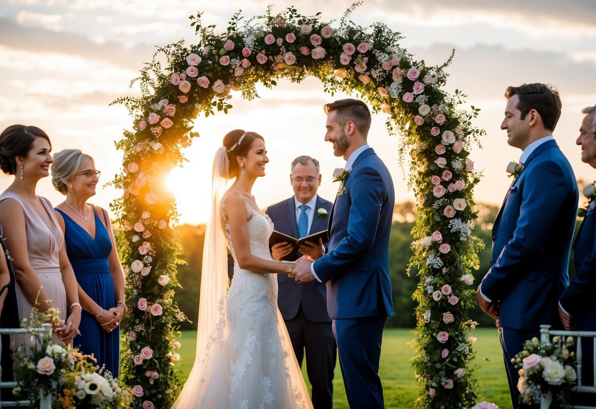 A bride and groom stand beneath a flower-covered arch, surrounded by friends and family. The sun sets behind them as they exchange vows