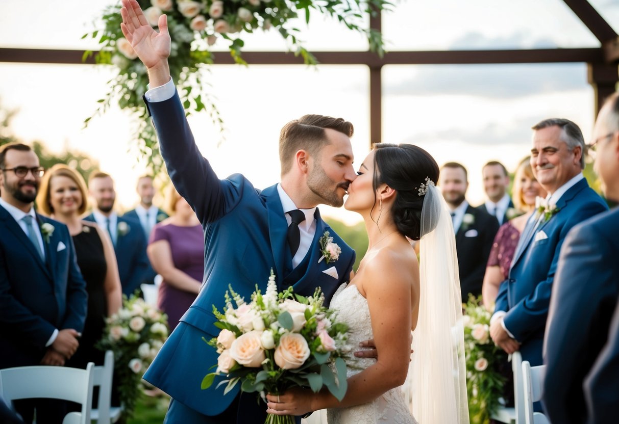 An officiant raises their arms as the couple leans in for a kiss, surrounded by flowers and guests
