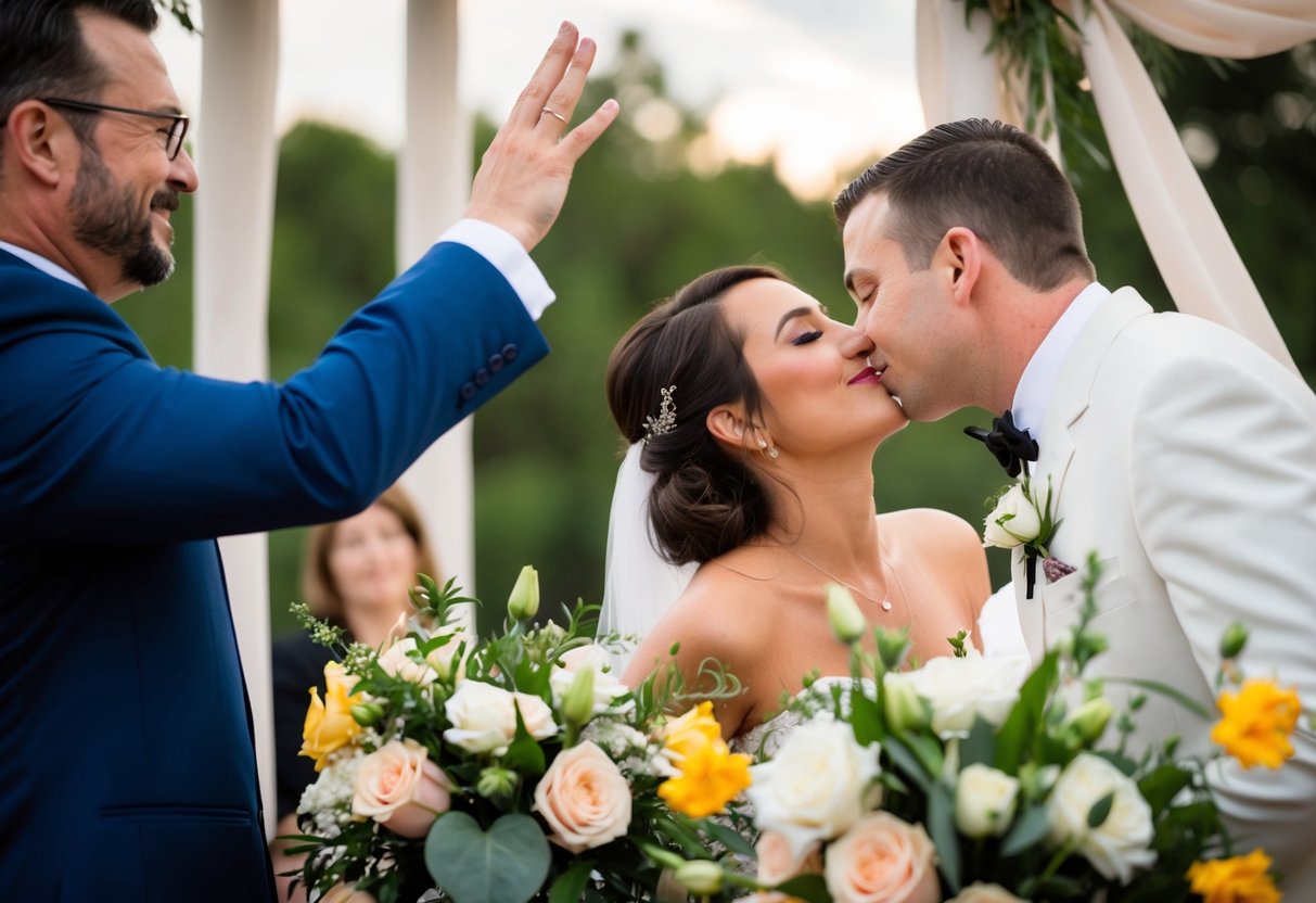 The officiant raises their hand, signaling the couple to kiss. The couple leans in, surrounded by flowers and decor