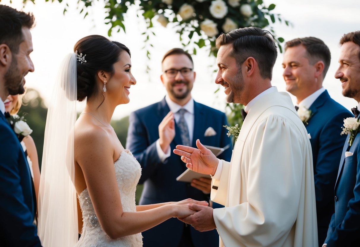 The officiant gestures towards the couple, signaling the climactic moment