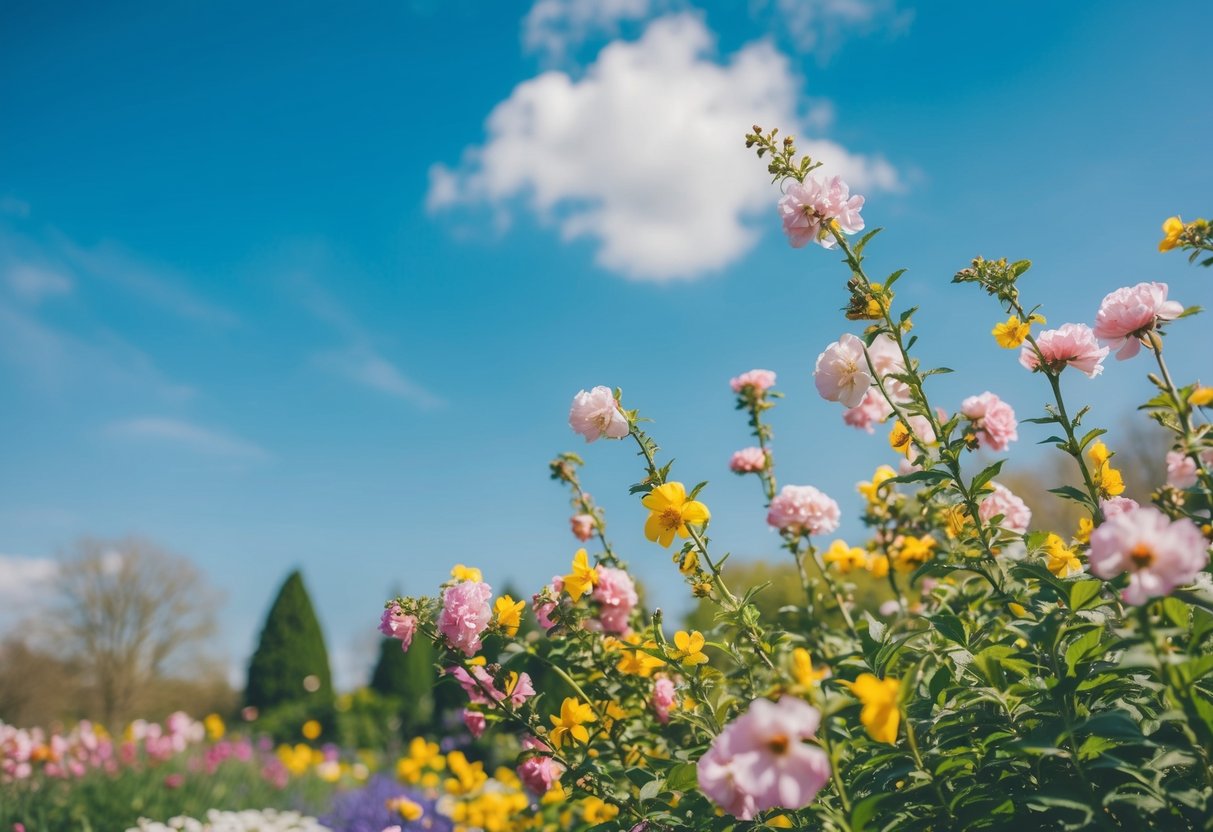 A vibrant spring garden with blooming flowers and a clear blue sky, setting the scene for a popular wedding season