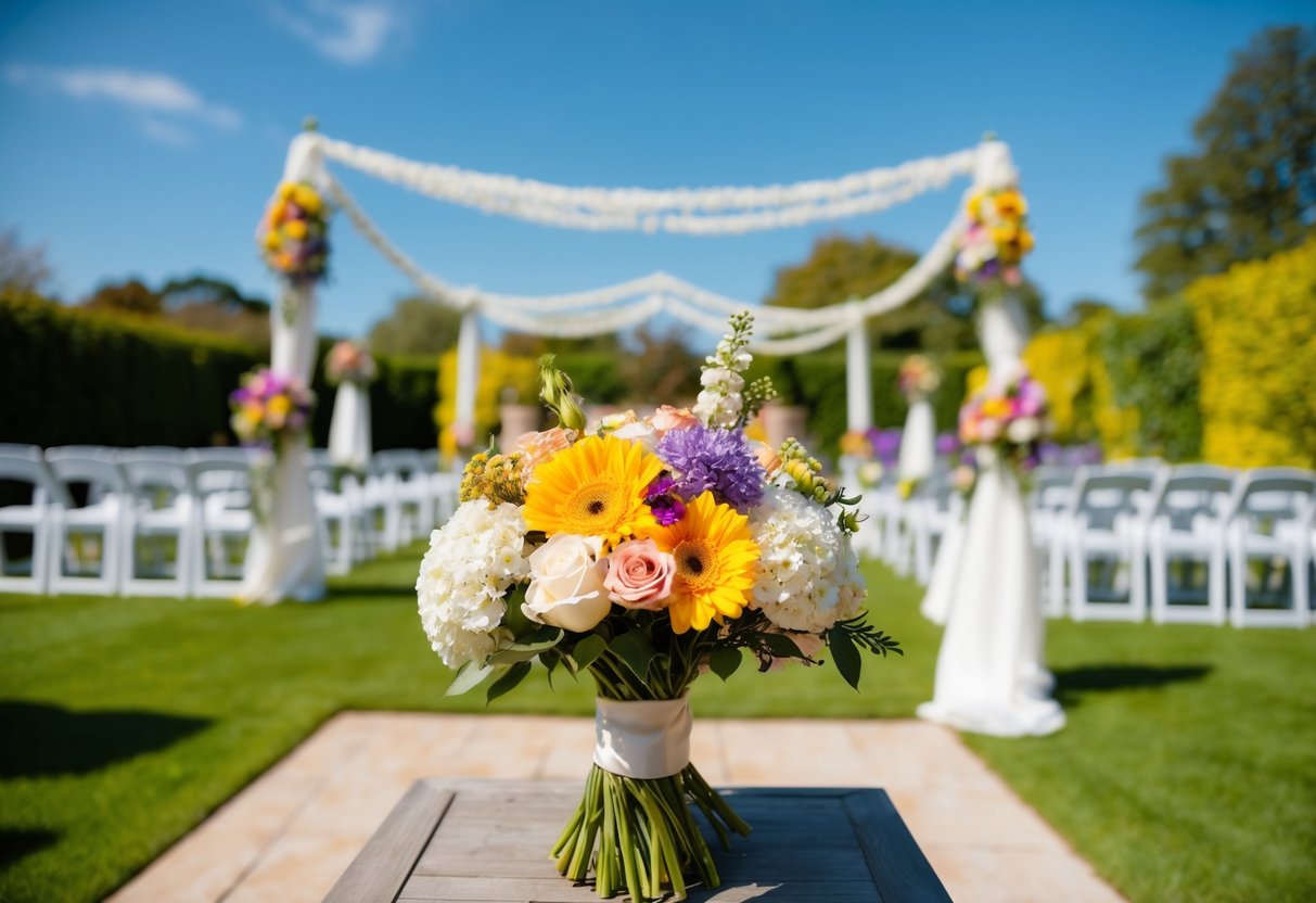 A sunny outdoor wedding in a blooming garden, with colorful flowers and elegant decorations. A clear blue sky and warm weather indicate a popular summer wedding season