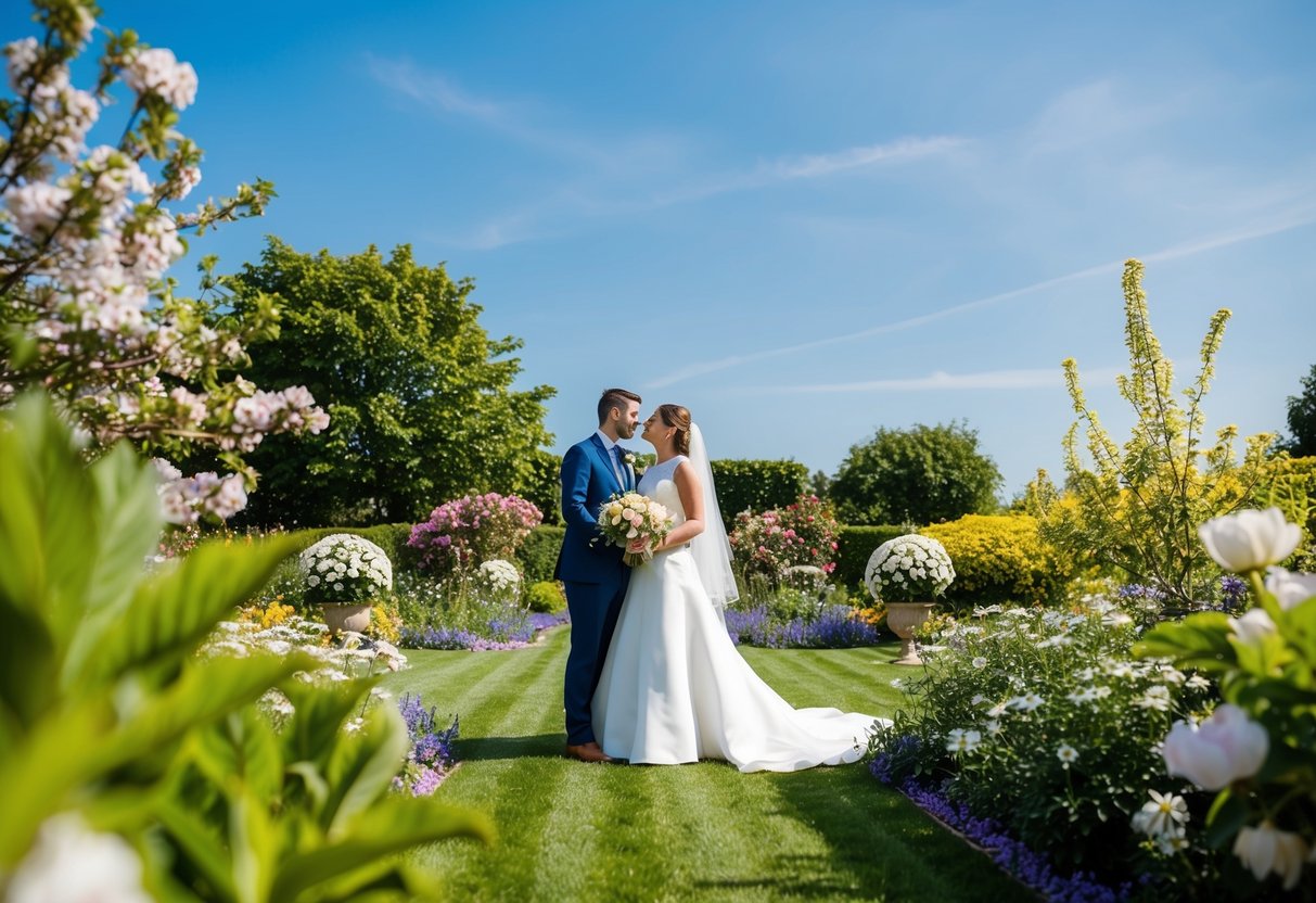 A sunny outdoor wedding in a blooming garden, with a clear blue sky and vibrant greenery