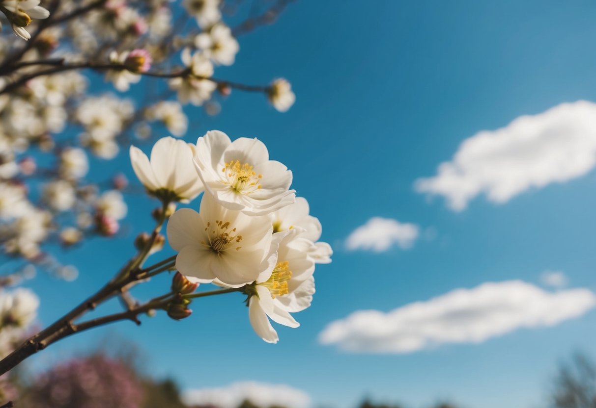 A sunny outdoor wedding in the spring, with blooming flowers and a clear blue sky