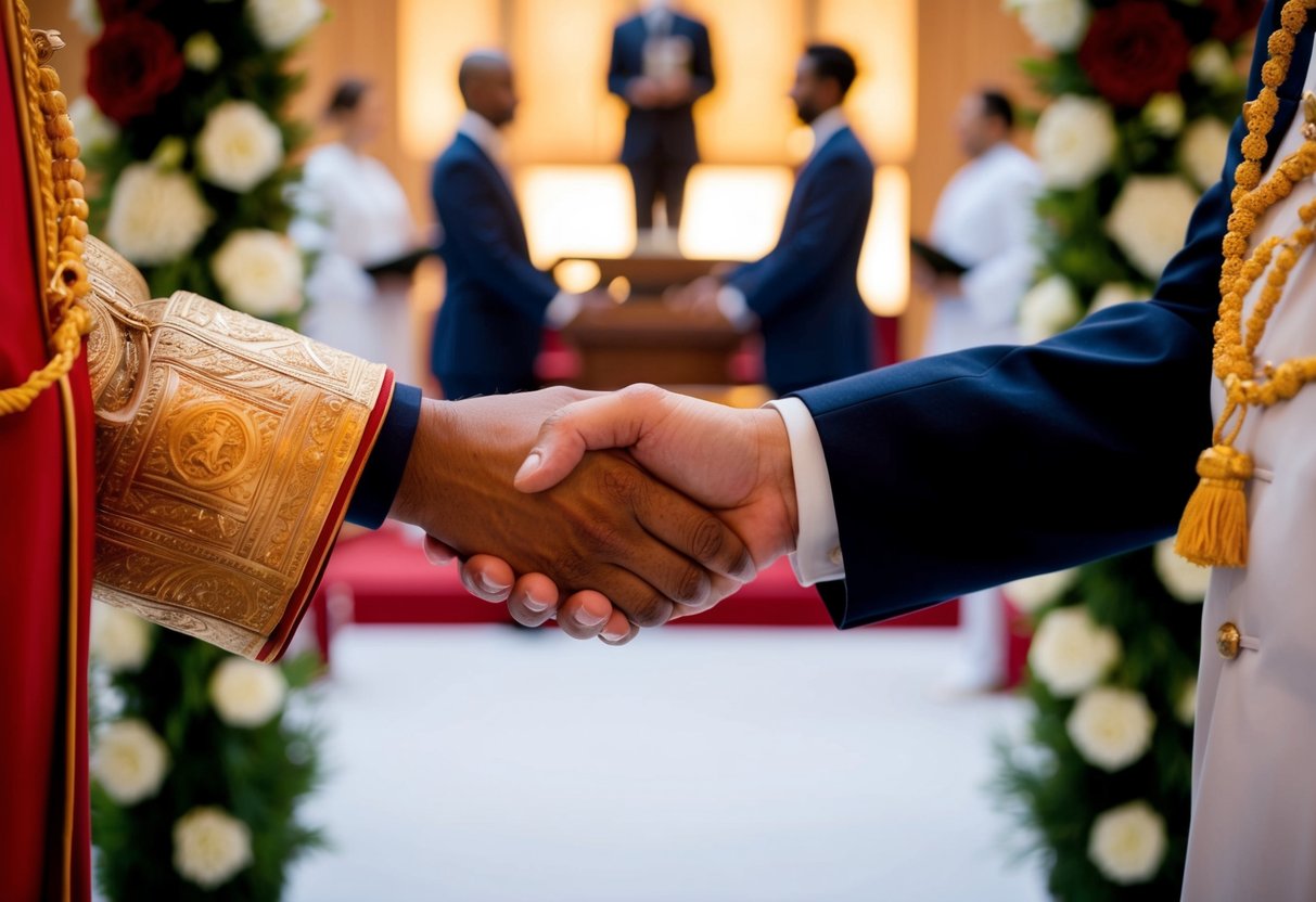 A ceremonial setting with two distinct entities joining together in a symbolic union