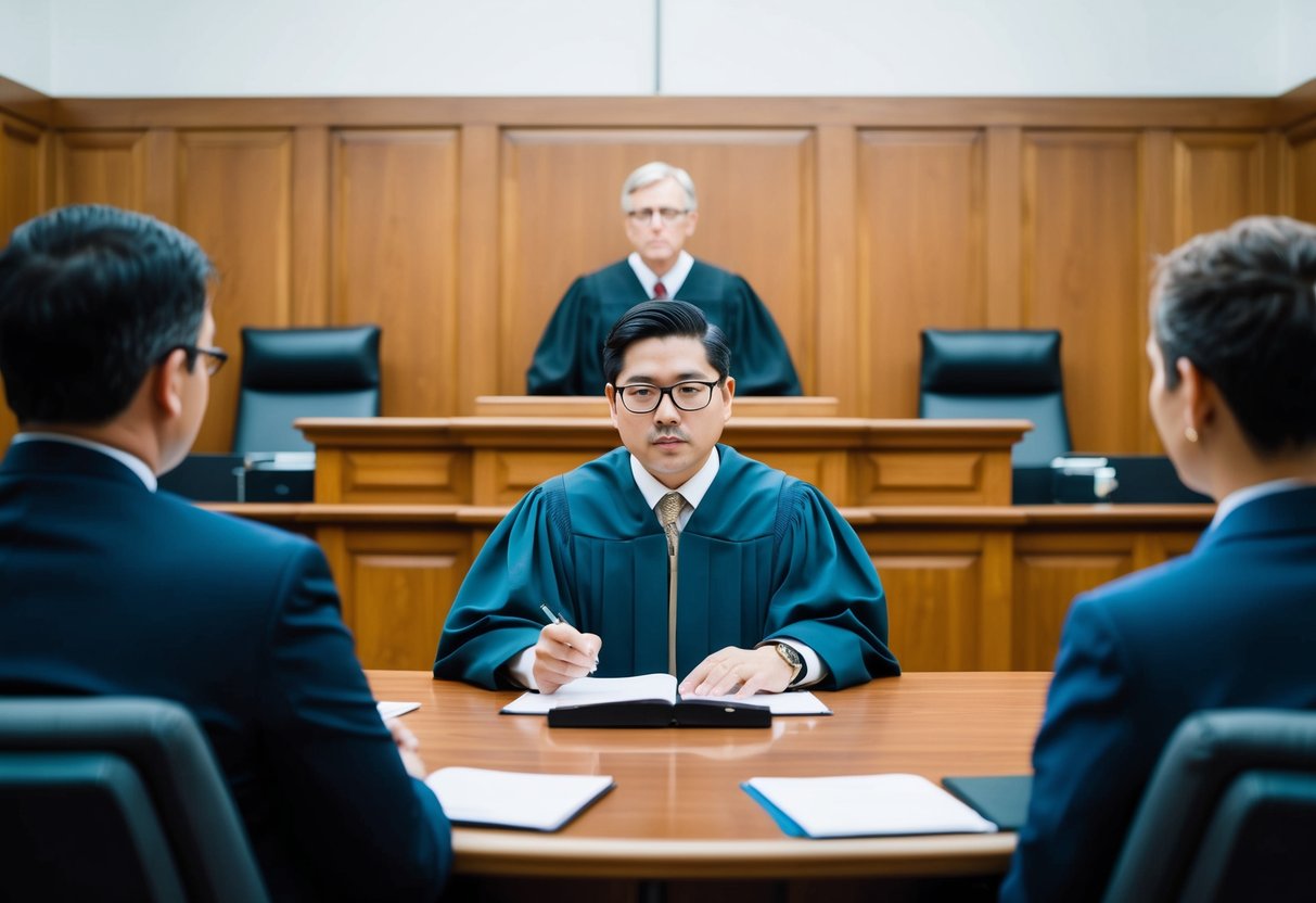 A courtroom with a judge presiding over a case involving a person wanting to marry two individuals simultaneously