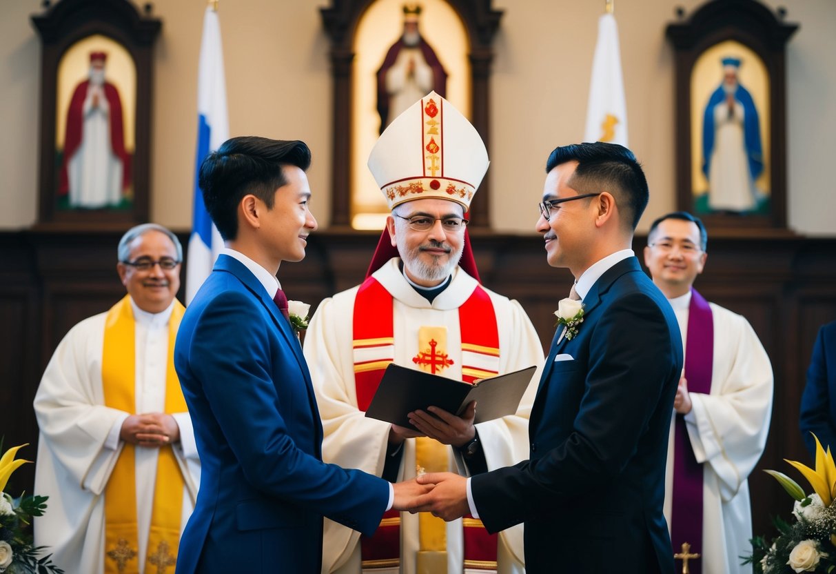 A wedding ceremony officiated by a religious leader with two individuals standing together, surrounded by symbols of their respective social and religious backgrounds