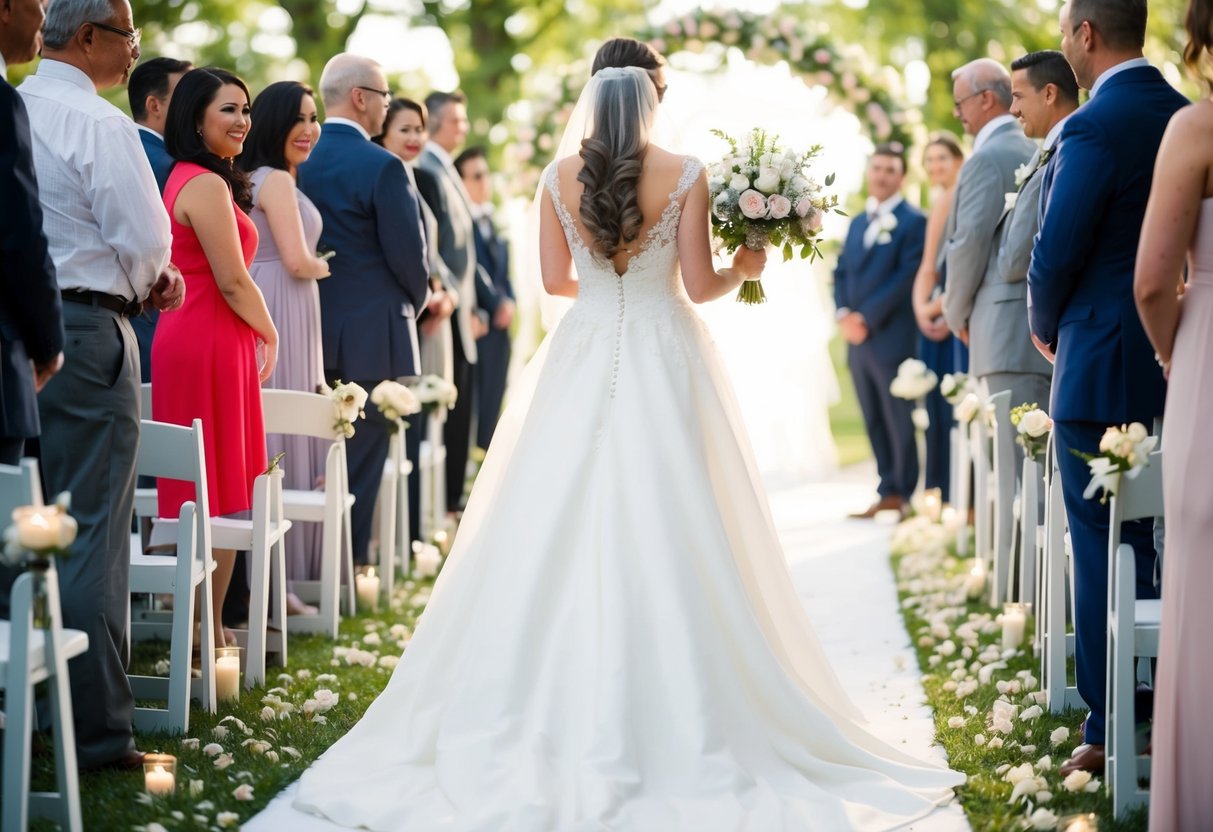 A bride walks down the aisle, her flowing white dress trailing behind her as she carries a bouquet of flowers. The soft melody of a romantic song fills the air, setting the scene for a beautiful wedding ceremony
