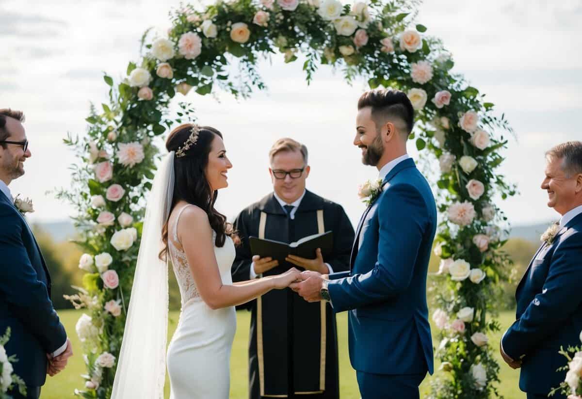 A couple standing beneath a floral archway exchanging vows as a celebrant leads a non-religious wedding ceremony